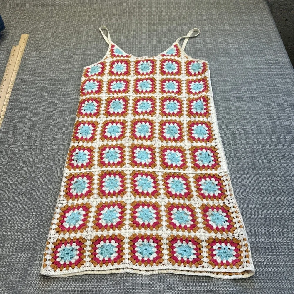 Crochet Granny Square Mini Dress Medium Cottagecore Retro‎ 70s Floral Sundress